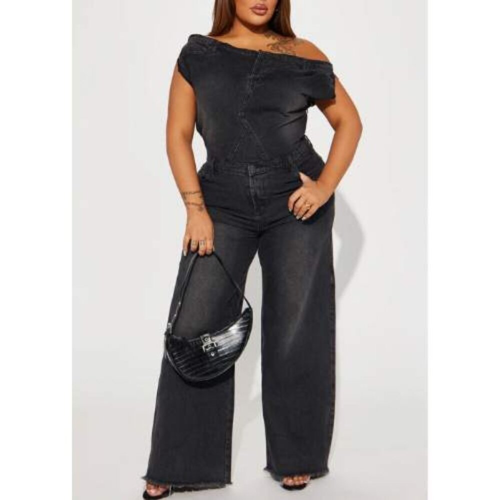 NWT - Stylish Off-Shoulder Black Denim Jumpsuit